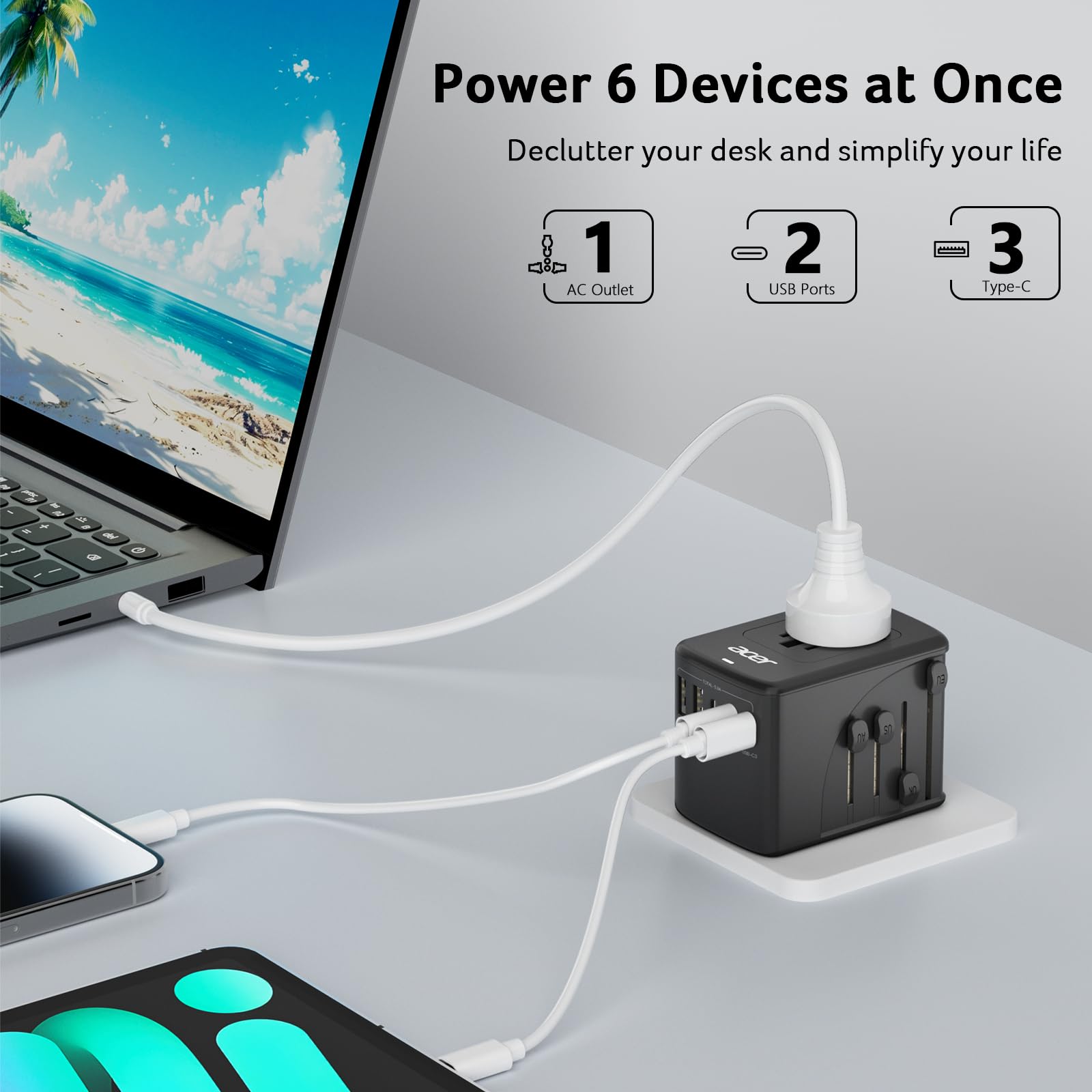Acer Universal Travel Plug Adapter - International Power Adapter with 5 USB Ports (3 USB C) 5.8A