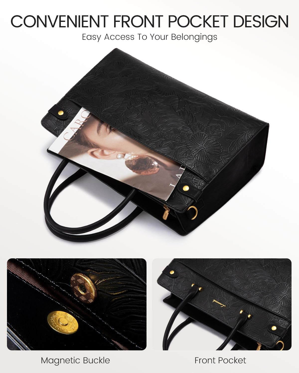 LOVEVOOK Laptop Tote Bag For Women Work, Vintage Leather Computer Bags For Laptops For Women, Waterproof Laptop Bag Business Briefcase Office Large Shoulder Handbag Purse, 15.6 Inch, Black Embossed