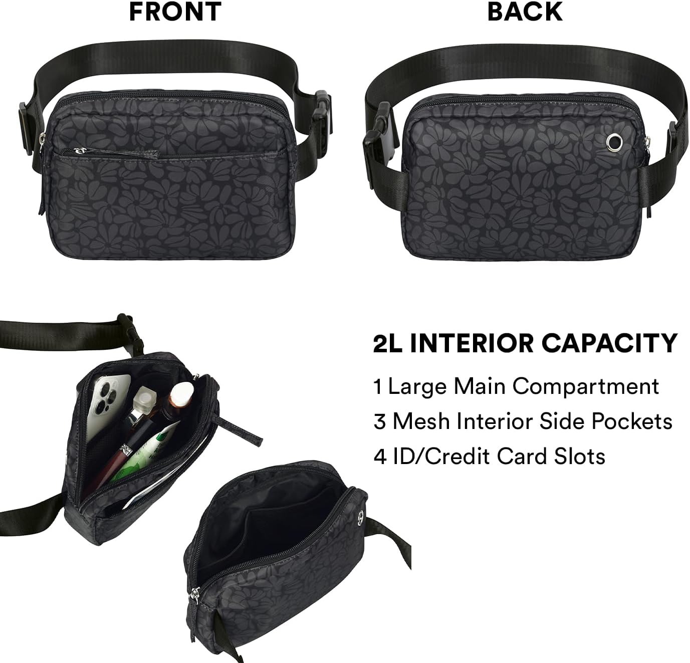 HDE Belt Bag 2L Fanny Pack Cross Body with Adjustable Strap Travel Waist Pack - Black Floral Pop