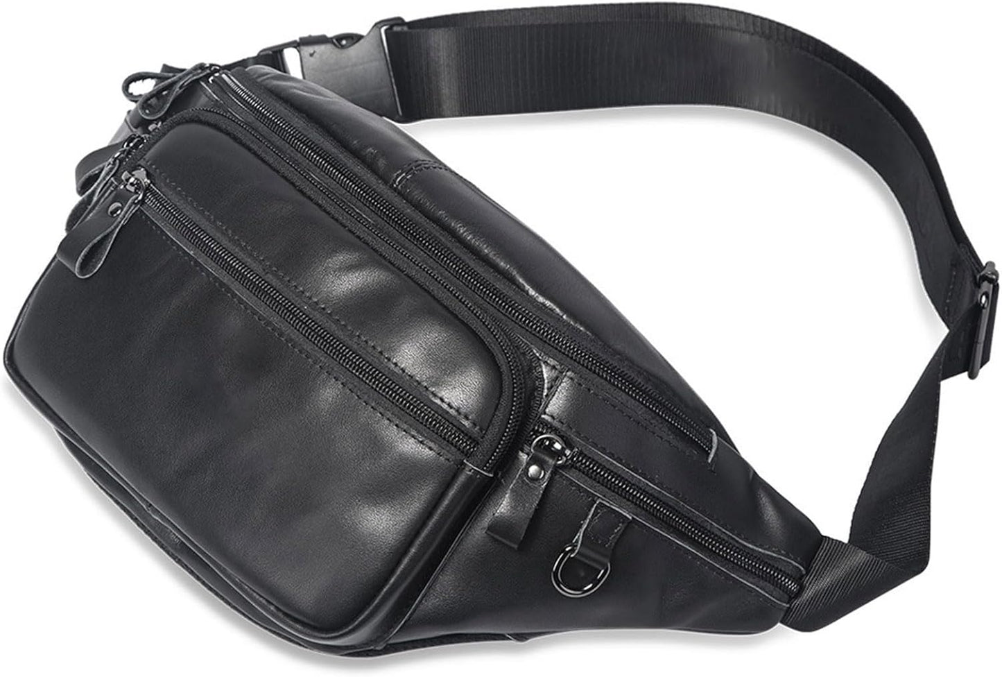 Genuine Leather Fanny Pack for Men Crossbody Chest Bag Outdoor Sports Waist Pack High Capacity Sling Bag (Black)