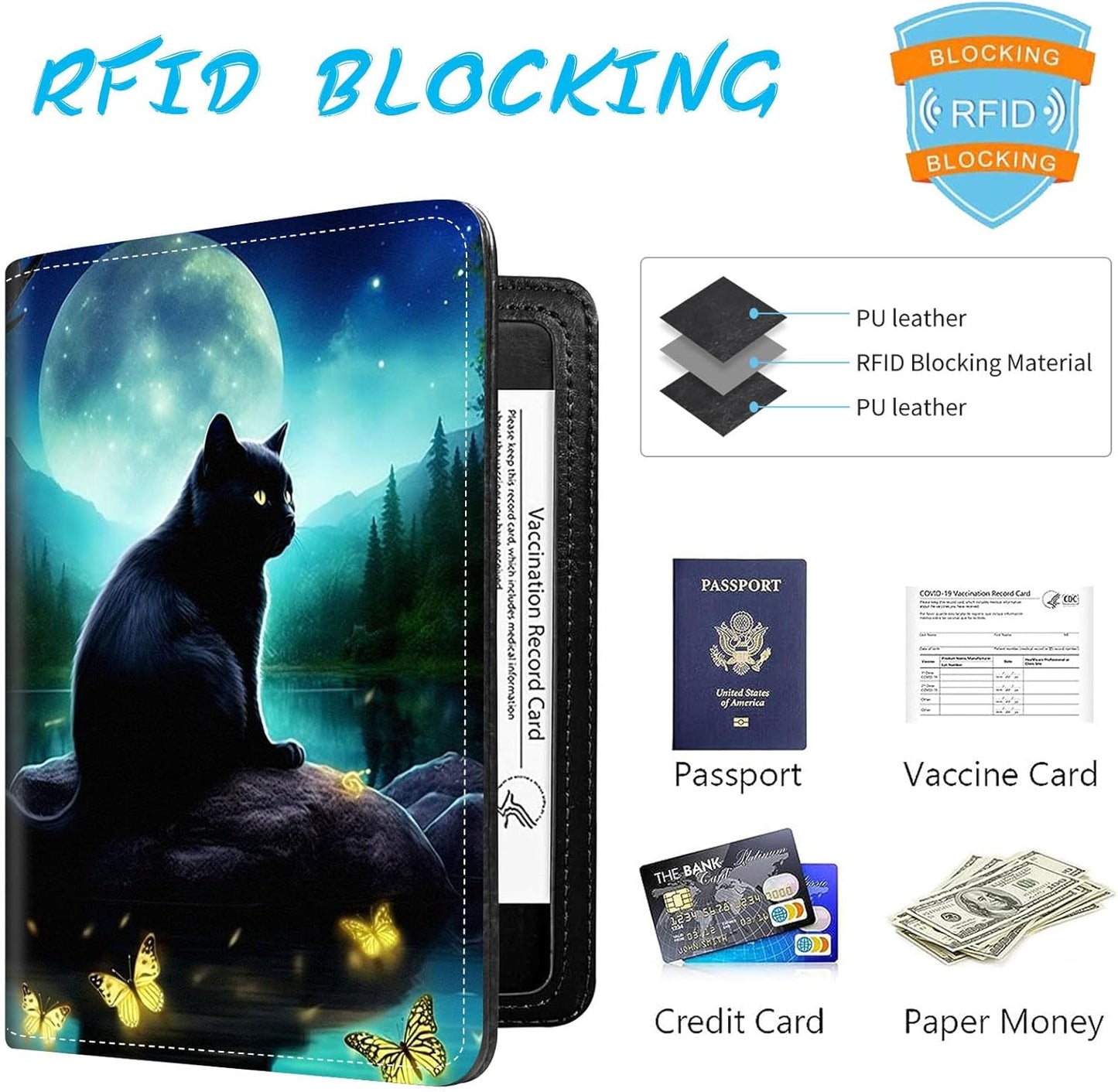 Passport Holder Cover Wallet Travel Essentials RFID Blocking Case Leather Passport Cover Wallet Vaccine Card Slot Organizer for Men Women, Night cat
