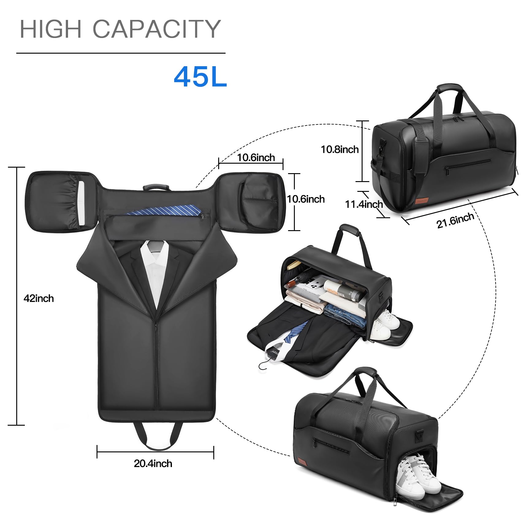 Garment Bags for Travel,45L Carry on Convertible Garment Duffle bag for Men Women - 3 in 1 Hanging