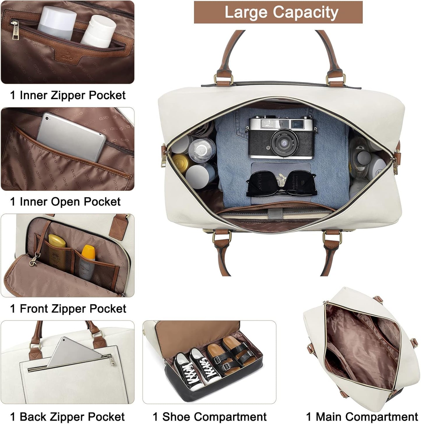 CLUCI Travel Duffel Bag for Women Leather Oversized Weekender Overnight Bags with Shoe Compartment Beige with Brown and Black