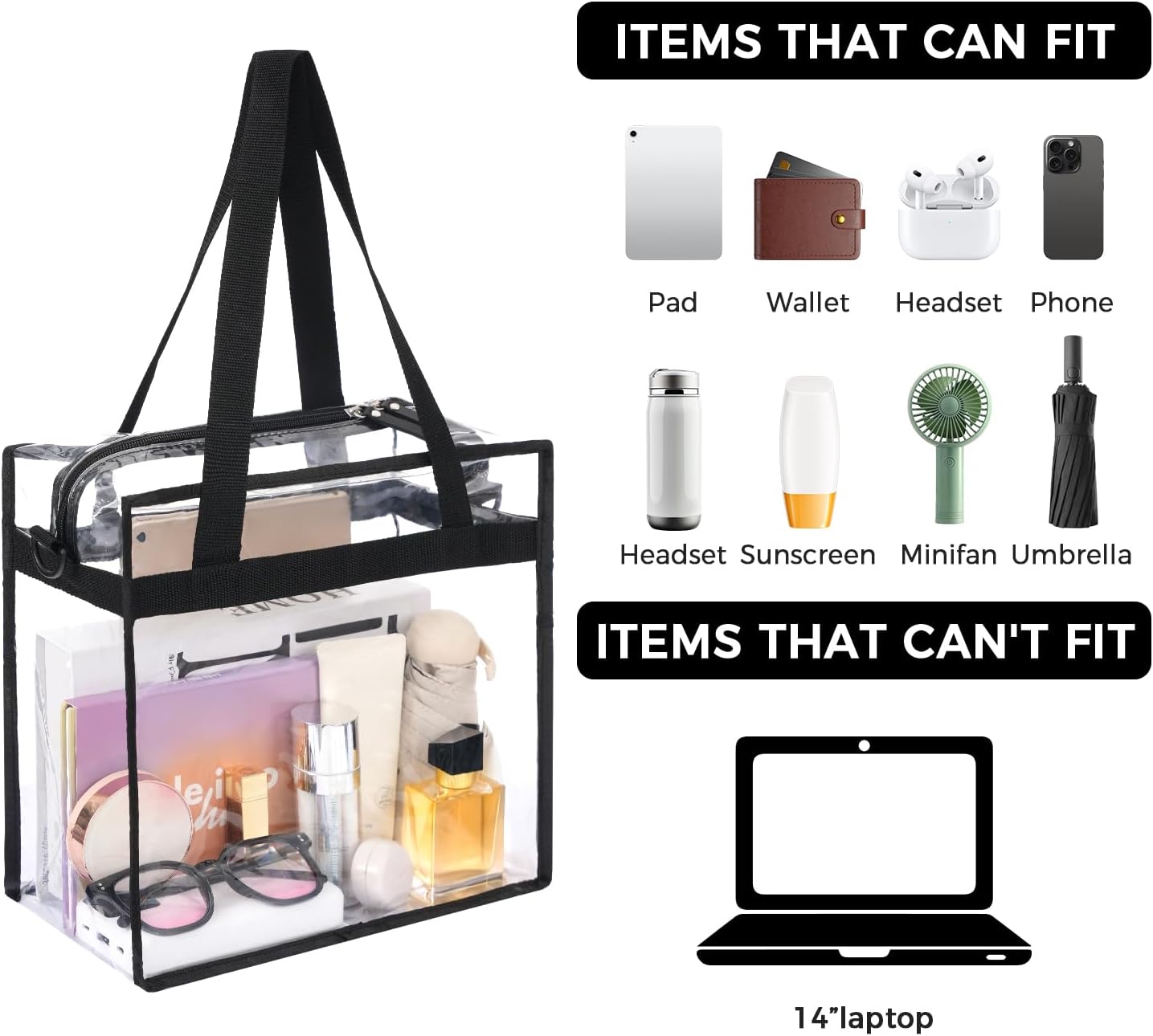 BAGAIL Clear Bags 12x6x12 Stadium Approved Clear Tote Bag with Zipper Closure Crossbody Shoulder