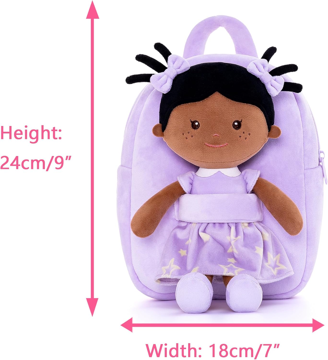 Onetoo Back to School Gifts for Girls Toddler Kids Backpack with Soft Tanned Baby Dolls in Purple Star Dress 9.5"