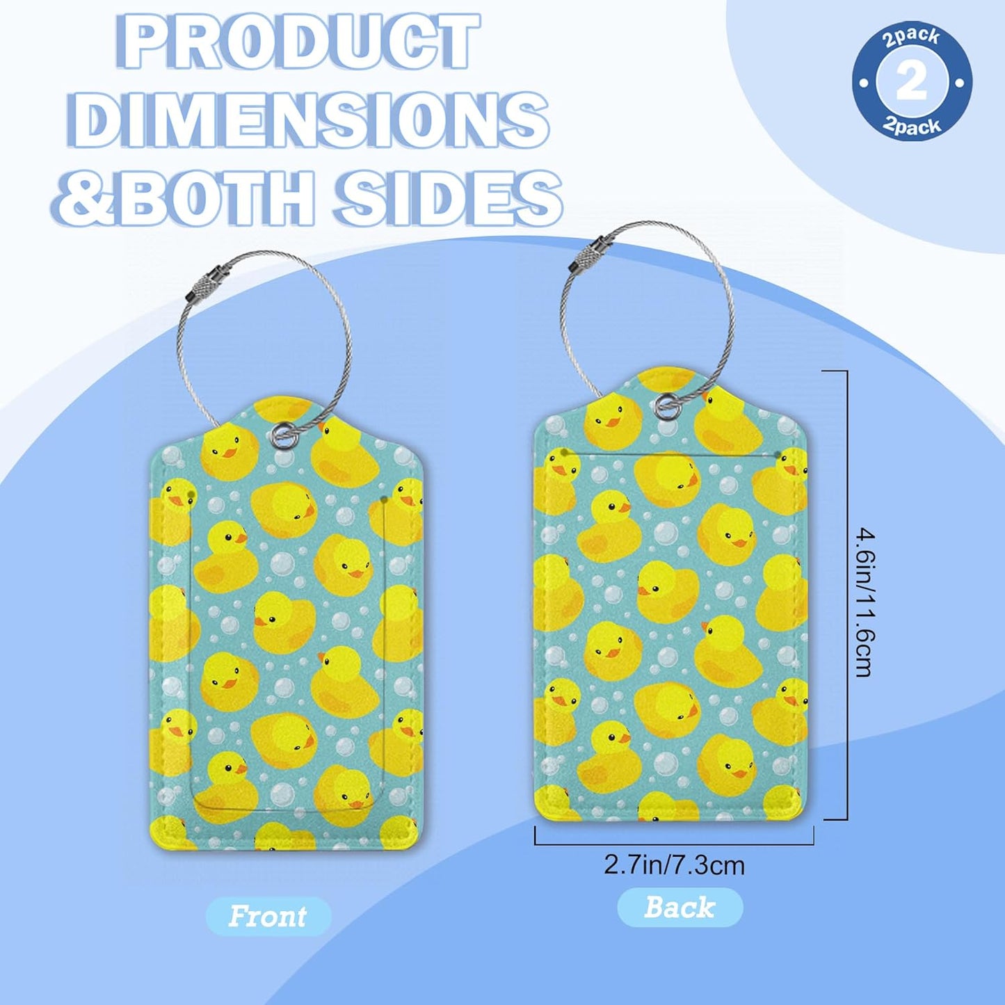 2 Pack Luggage Tags,Leather Suitcase Tags with Privacy Cover Name Address Labels& Durable Steel Loop for Men/Women Travel Bag Suitcases(Funny Cute Duck Yellow)
