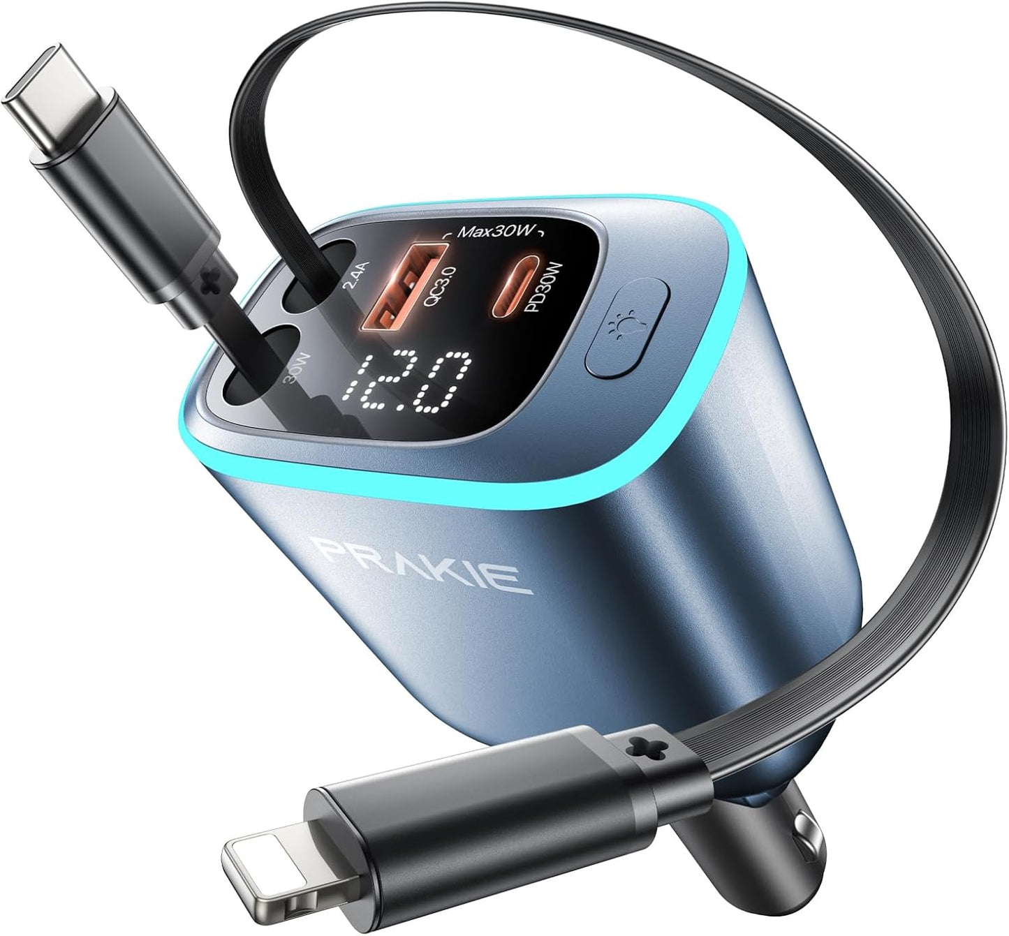 Car Charger, iPhone Fast USB C Phone Car Charger, Cigarette Lighter Adapter with 2 Cables 30 Inch and 2 USB Ports, Retractable 4 in 1Multi Port USB Car Charging for iPhone 17/16/15/14/13/Pro Max-Blue