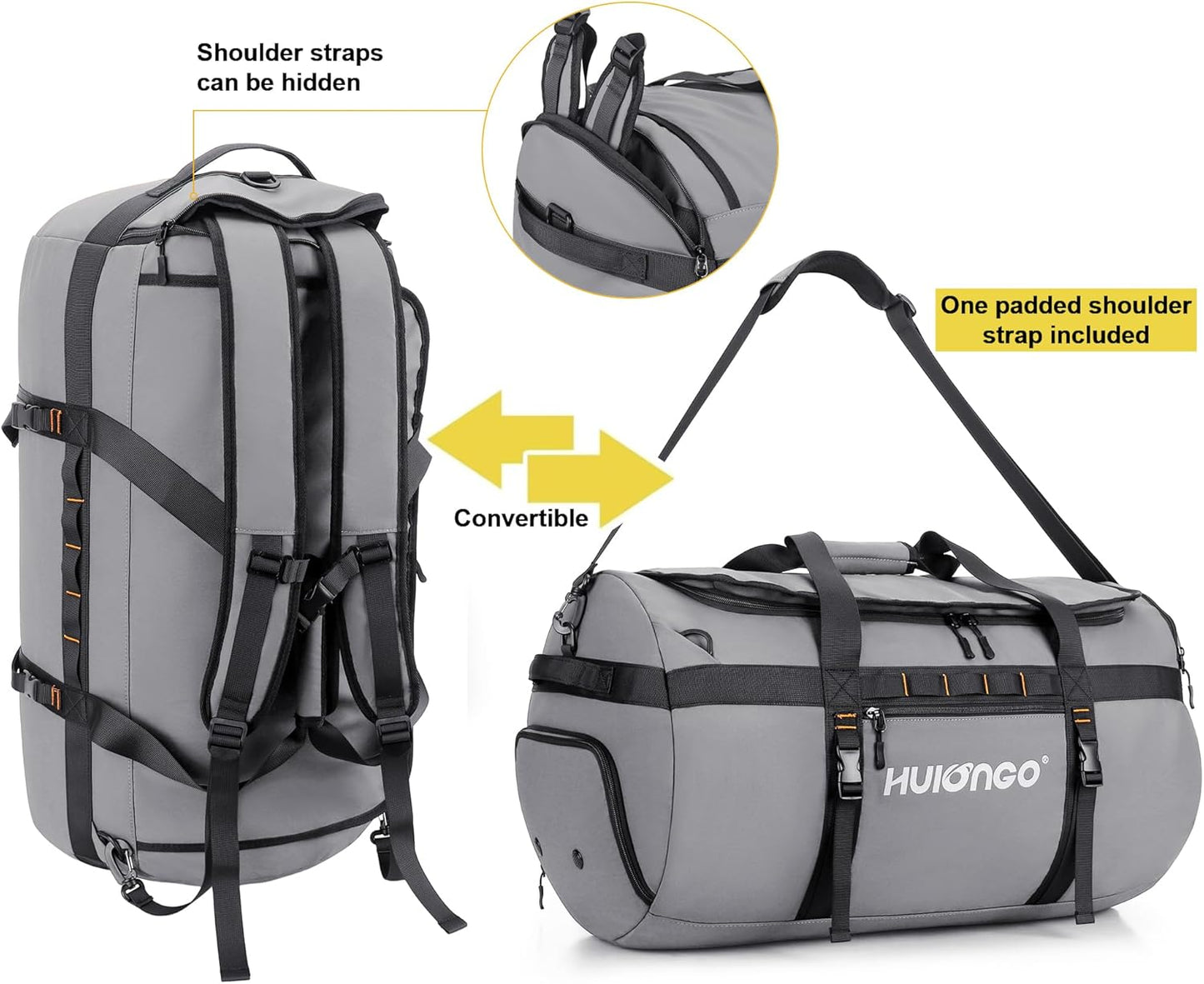 40L/60L/90L Large Waterproof Duffle Bag Backpack for Men, Mens Duffel Backpack Bags for Traveling, Heavy Duty (Grey, 60L)