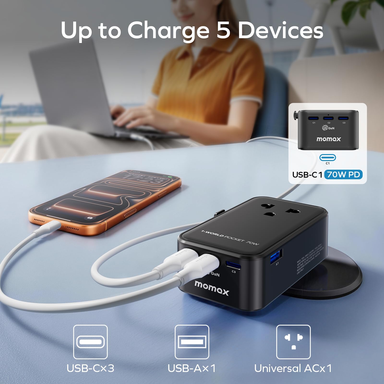 (2026 NEW) MOMAX Universal Travel Adapter, Ultra-Thin 70W GaN International Plug Adapter with 3