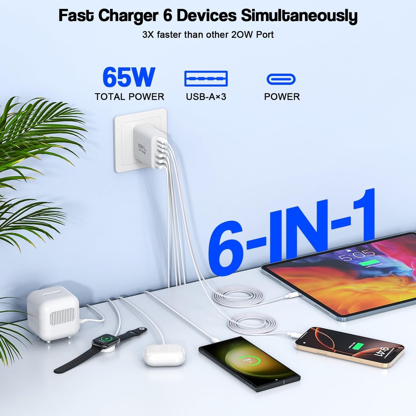 65W USB C Charger Block, 2Pack 6-Port Fast Charging Block with 6ft Long TypeC to TypeC Woven Cable Cord,Multiport Plug,USB C Power Adapter for iPhone 17/17 Air/17 Pro/16/16e/16 Pro Max/15,iPad,AirPods