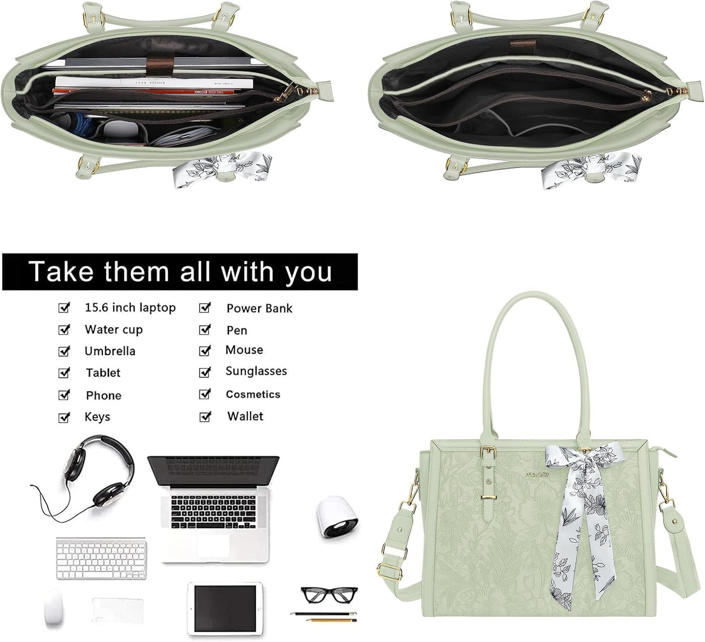 MOSISO Laptop Bag for Women, PU Leather Tote Bag, Front Embossed Retro Hibiscus Computer Bags with Silk Scarf&Clutch Purse