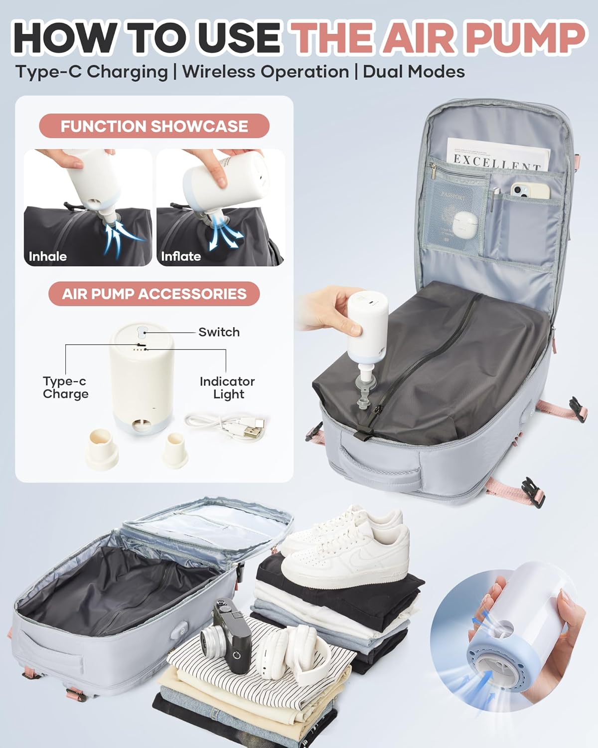 Vacuum Seal Travel Backpack with Air Pump,Compression Waterproof Vacpack Carry On Backpack for Travel Women Men with Vacuum System,Airlines Approved Daypack Laptop Space Saver Bags Grey