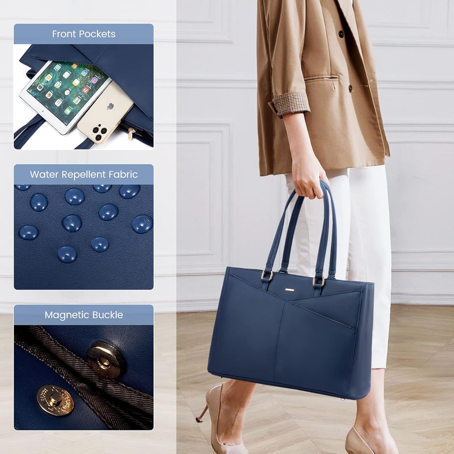 LOVEVOOK Laptop Tote Bag for Women 15.6 Inch Waterproof Leather Computer Bags Women Business Office Work Bag Briefcase,Navy Blue