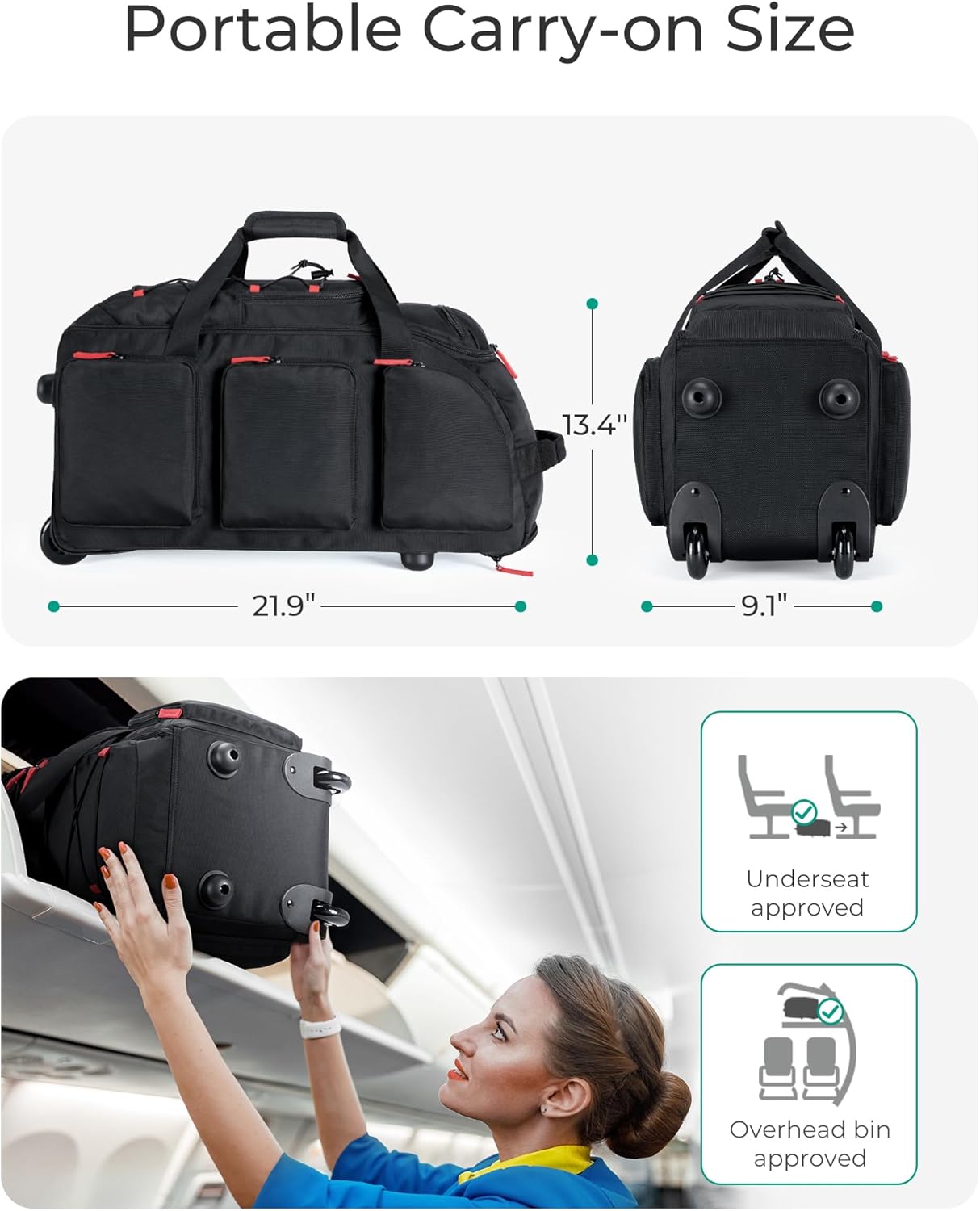 BAGSMART Rolling Duffle Bag with Wheels, 36L Travel Bag with Water-proof Pockets, Airline-Approved Carry On Duffel Bag with Handle, Grey