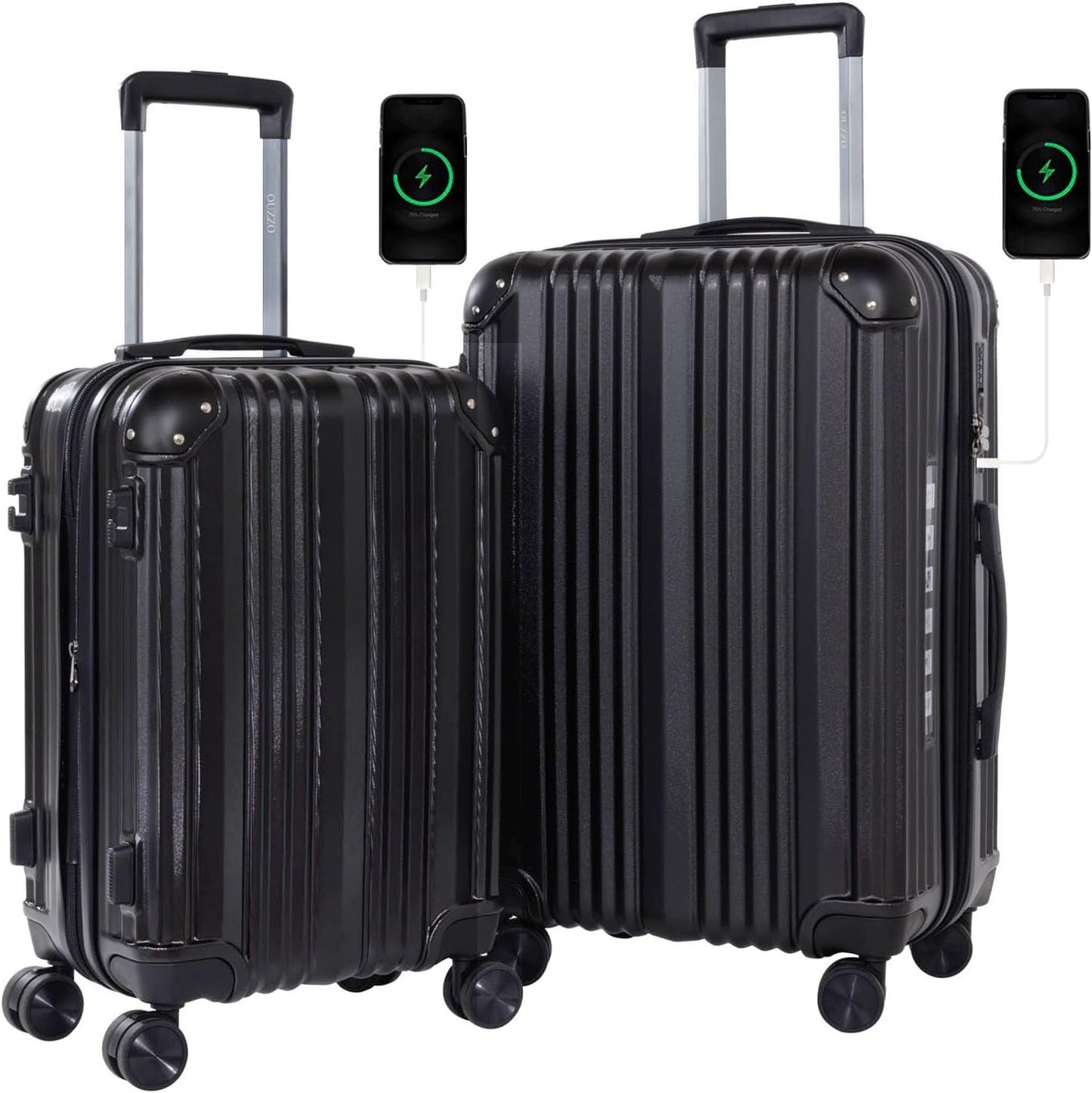 OUZZO 2-Piece Luggage Set 20/24 Inch – Hardshell Suitcases with Corner Protectors, Spinner Wheels, TSA-Approved Lock, USB Port – Expandable ABS+PC Travel Luggage for Business & Family Trips – Black