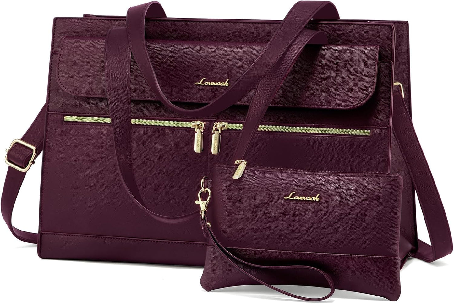 LOVEVOOK Laptop Tote for Women - 15.6 Inch Professional Leather Computer Briefcase, Waterproof Shoulder Bag, Large Capacity Business Teacher Office Bag, Crossbody Purse - Fuchsia