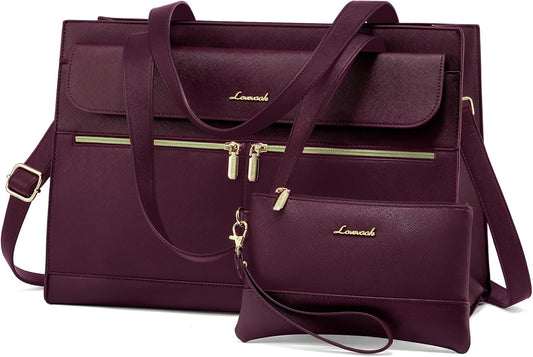 LOVEVOOK Laptop Tote for Women - 15.6 Inch Professional Leather Computer Briefcase, Waterproof Shoulder Bag, Large Capacity Business Teacher Office Bag, Crossbody Purse - Fuchsia