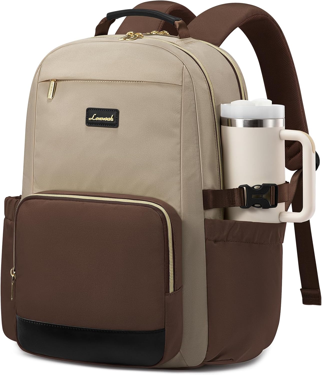 LOVEVOOK Laptop Backpack for Women with Pouch Pocket for Large Capacity Cup,15.6 Inch Teacher Nurse College Work Backpack Purse,Waterproof Laptop Bag Computer Back Pack for Travel, Khaki-Coffee-Black