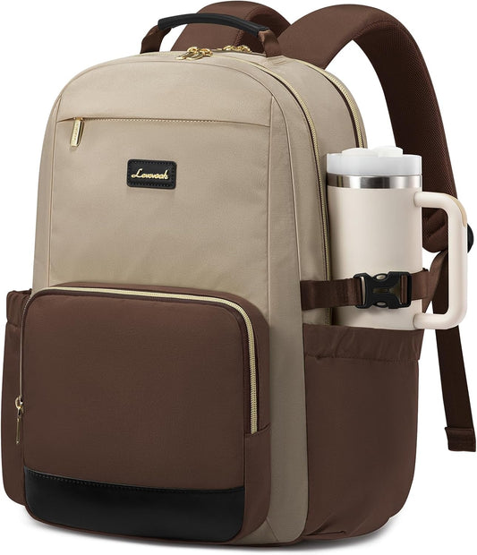 LOVEVOOK Laptop Backpack for Women with Pouch Pocket for Large Capacity Cup,15.6 Inch Teacher Nurse College Work Backpack Purse,Waterproof Laptop Bag Computer Back Pack for Travel, Khaki-Coffee-Black