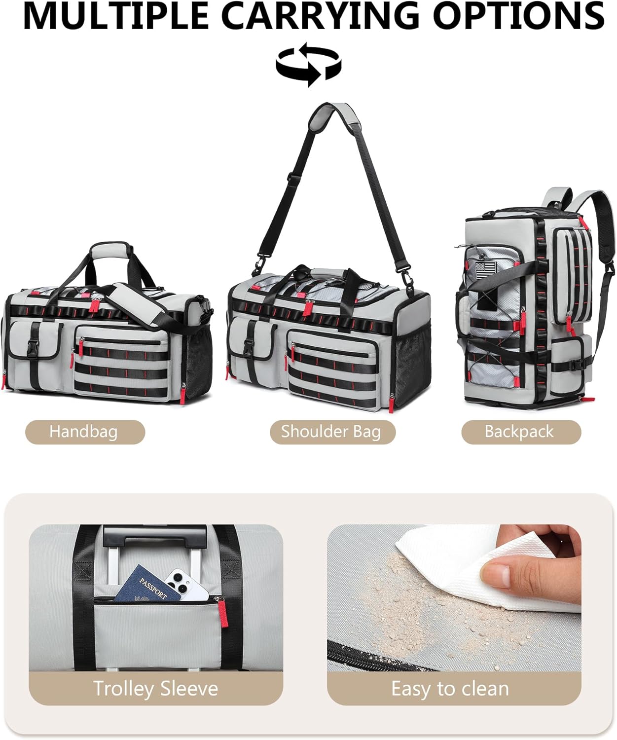 MCBD Gym Bags for Men & Women, 45L Travel Duffle Sports Backpack with Shoes & Laptop Compartment, Large Workout Carry On Bag Weekender Overnight Tote, Grey