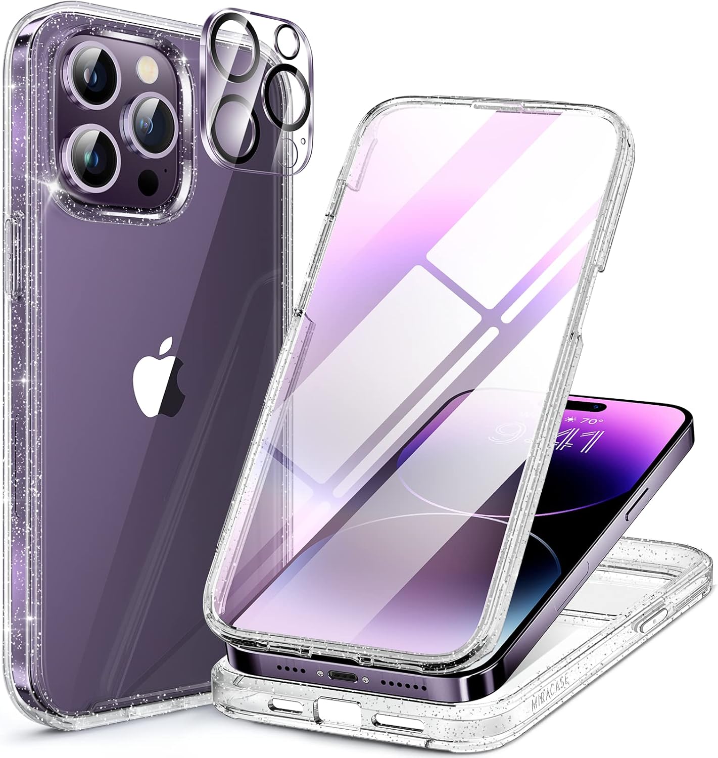 Miracase Glass Series Designed for iPhone 14 Pro Max Case 6.7 Inch, Upgrade Full-Body Bumper Case with Built-in 9H Tempered Glass Screen Protector, with Camera Lens Protector, Glitter Clear