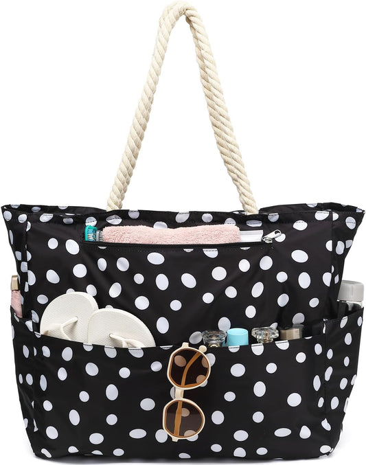 Large Beach Bag for Women, Waterproof Travel Tote Bag with Lunch/Wet Pocket for Weekender, Sandproof, Zipper Closure