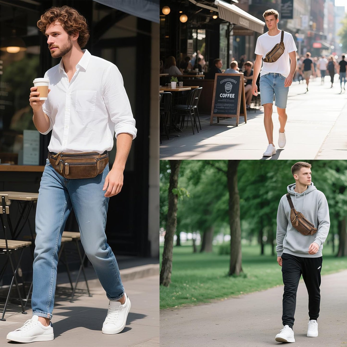 Crazy Horse Genuine Leather Fanny Pack for Men Women Crossbody Waist Bag Running Sling Phone Purse (Coffee)