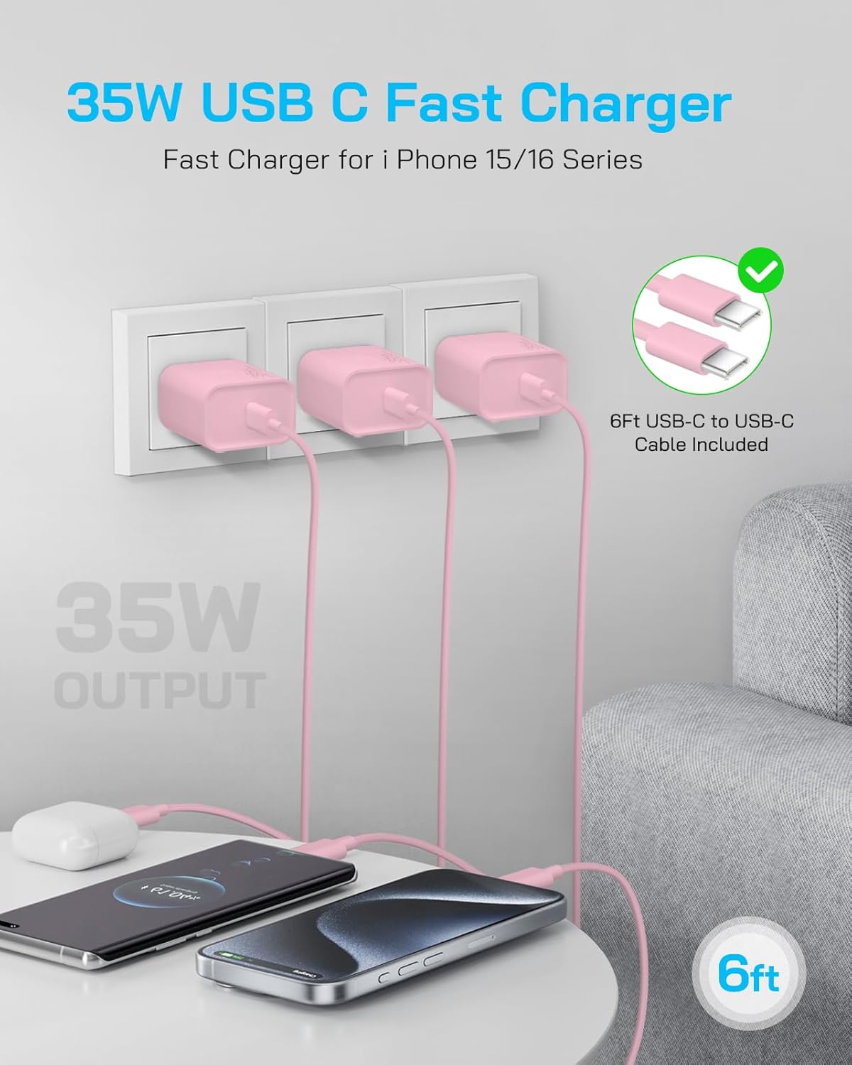 35W i Phone 17 16 15 Charger Fast Charging, 3-Pack USB C Charger Block Type C Chargers 6 FT Type C to C Cable for iPhone 17/17 Air/17 Plus/17 Pro/17 Pro Max/16/16 Plus/16 Pro Max/15 Series-Pink