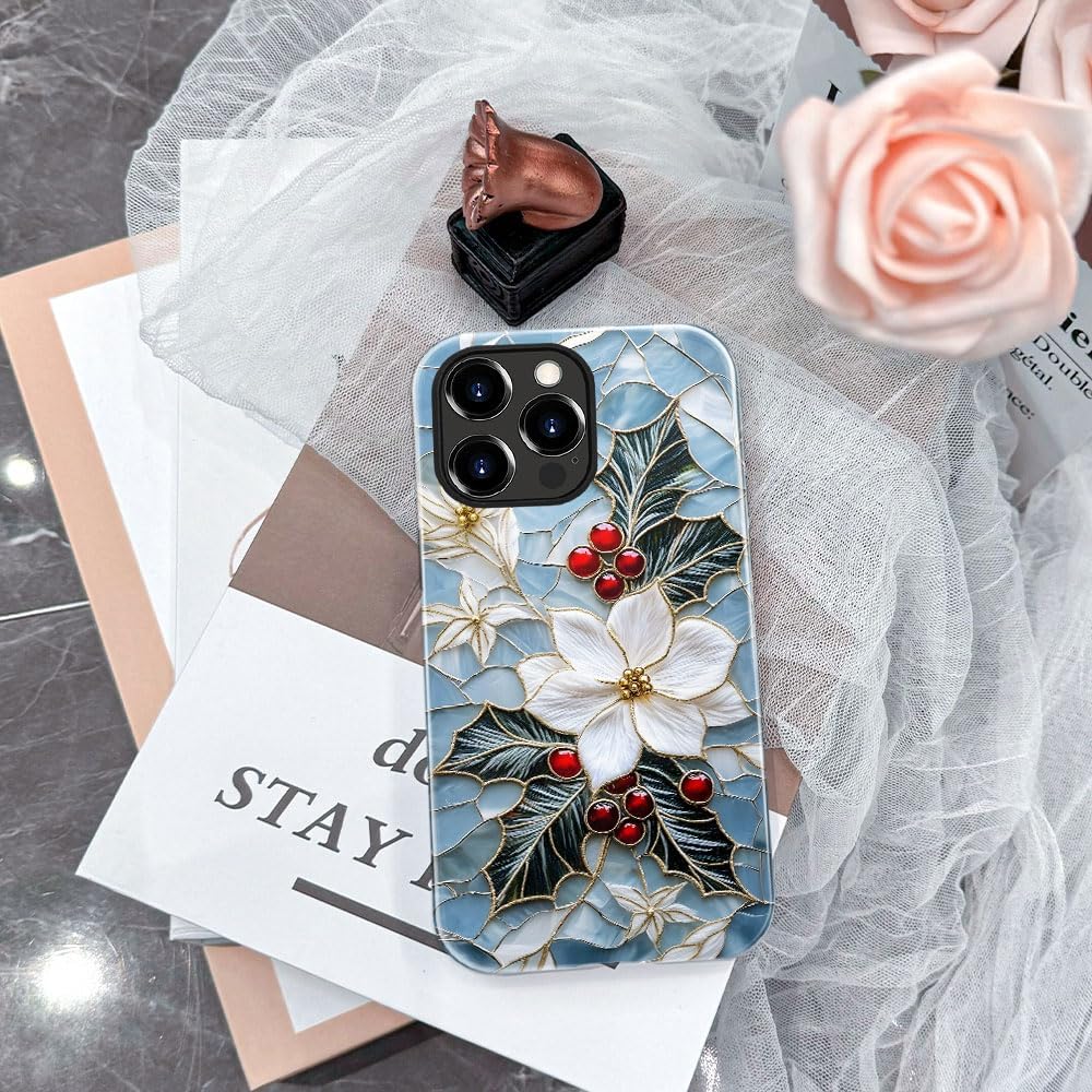 Case for iPhone 12 Pro - Slim Fit Anti-Scratch Phone Case for Girl Women - Christmas Holly Elegant Winter Floral (Glossy)