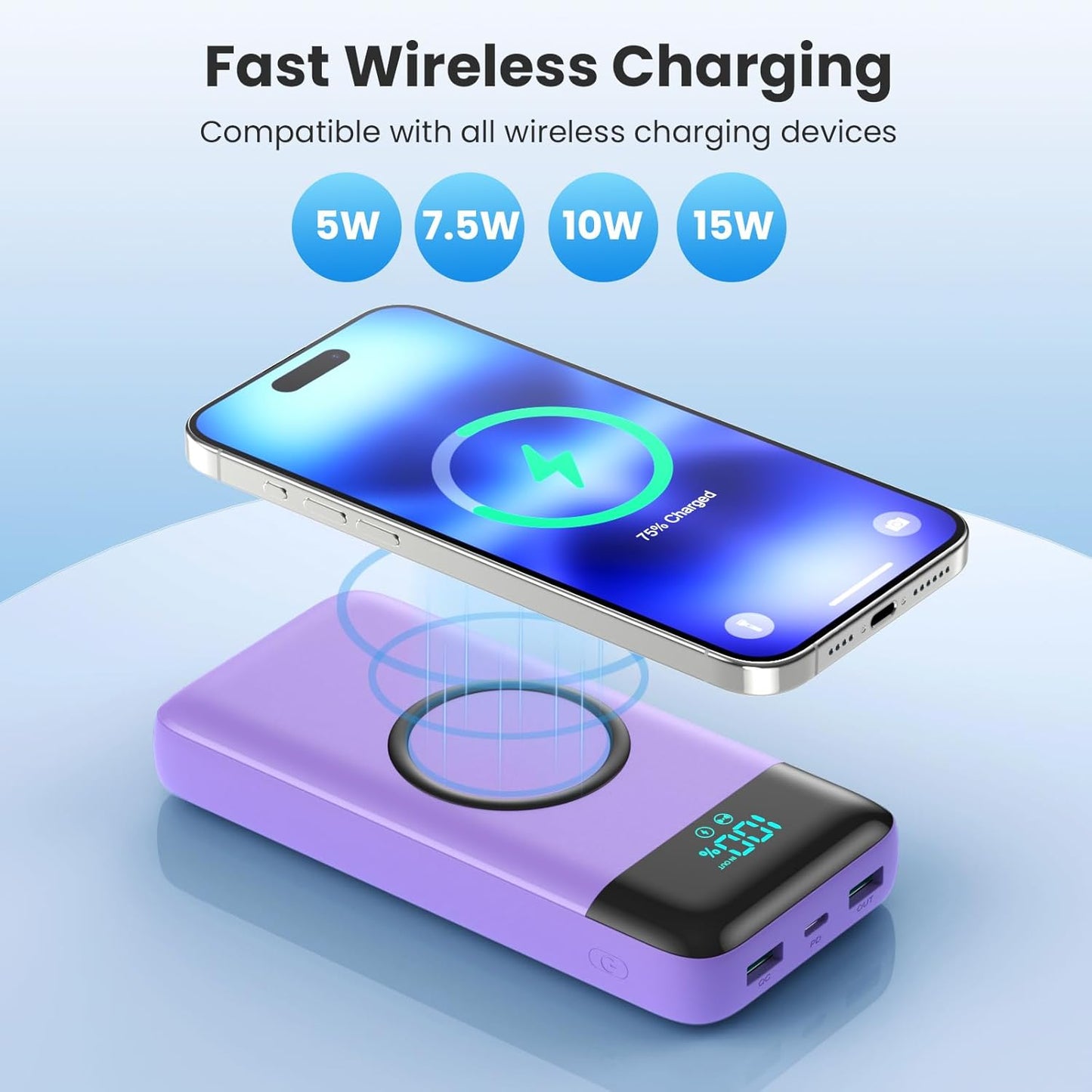 Wireless Portable Charger 40800mAh for iPhone with 3 Built-in Cables,7-in-1 15W Wireless Charging USB C Power Bank,25W PD Fast Charging Travel Essential Battery Pack for iPhone 17/16/15,Android-Purple