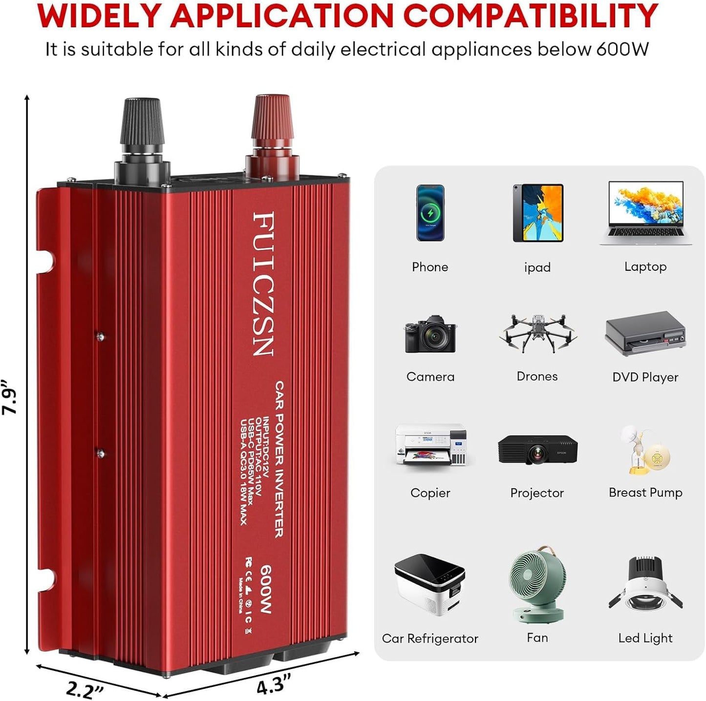 600W Car Power Inverter 12V DC to 110V AC Car Plug Adapter Outlet Converter with 2 AC Outlets and 65W PD USB-C & 18W QC USB-A Fast Charging Ports Power Inverters for Vehicles(Red)