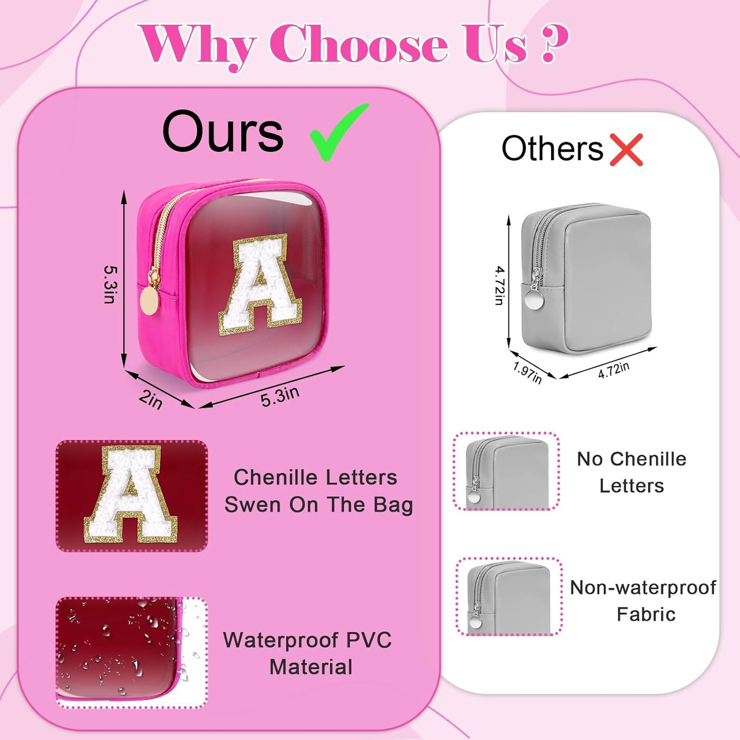 Personalized Initial Letter Clear Preppy Makeup Bag,Mini Nylon Chenille Letter Cosmetic Bag Cute Zipper Pouch Coin Purse for Teen Girls,Portable TSA Approved Travel Essentials Bag Gift for Women,I