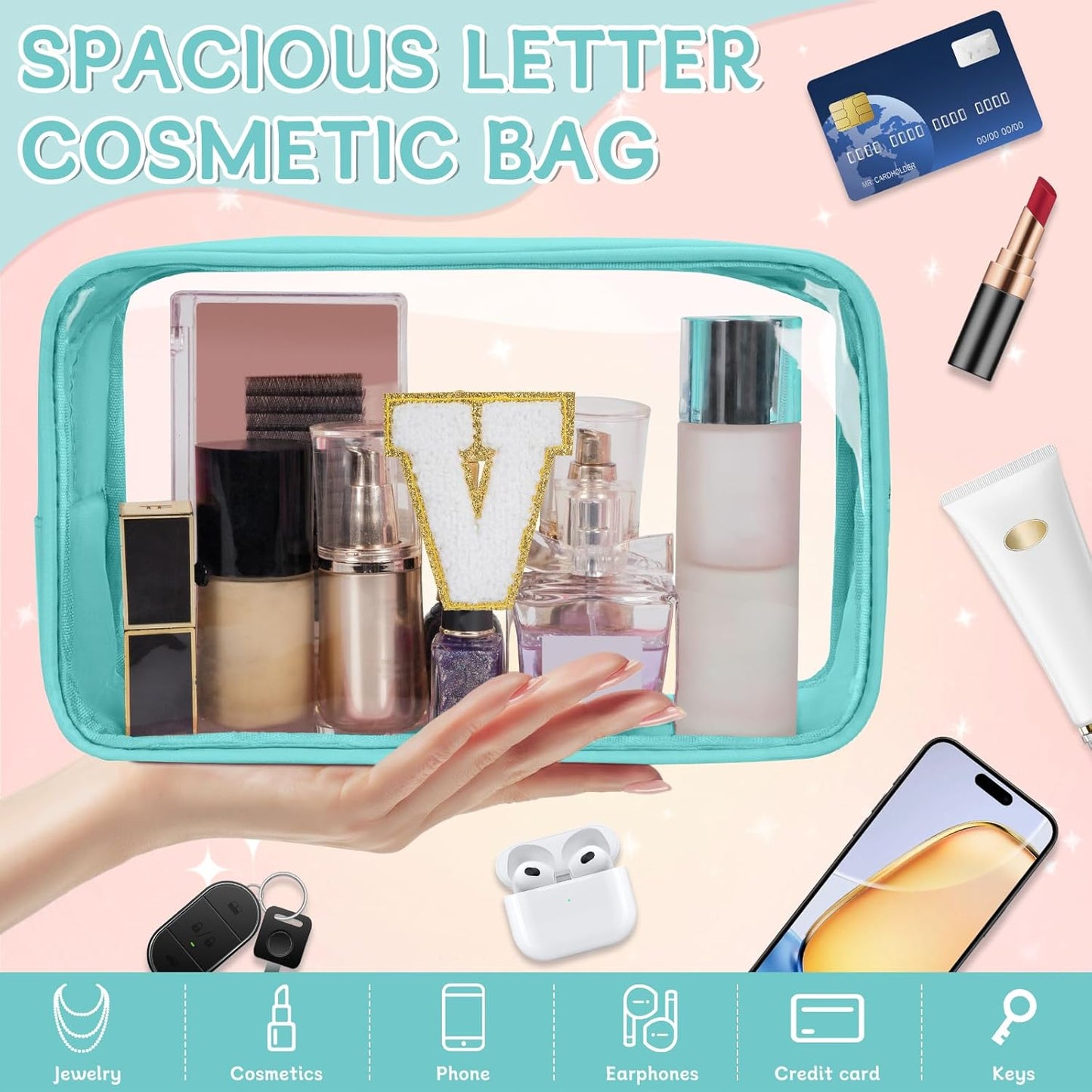 Personalized Initial Clear Makeup Bag, Travel Chenille Patch Cosmetic Bag, Preppy Toiletry Bag Monogram Cosmetic Pouch with Zipper, Ideal Gift for Teen Girls Women (Clear-Green, V)