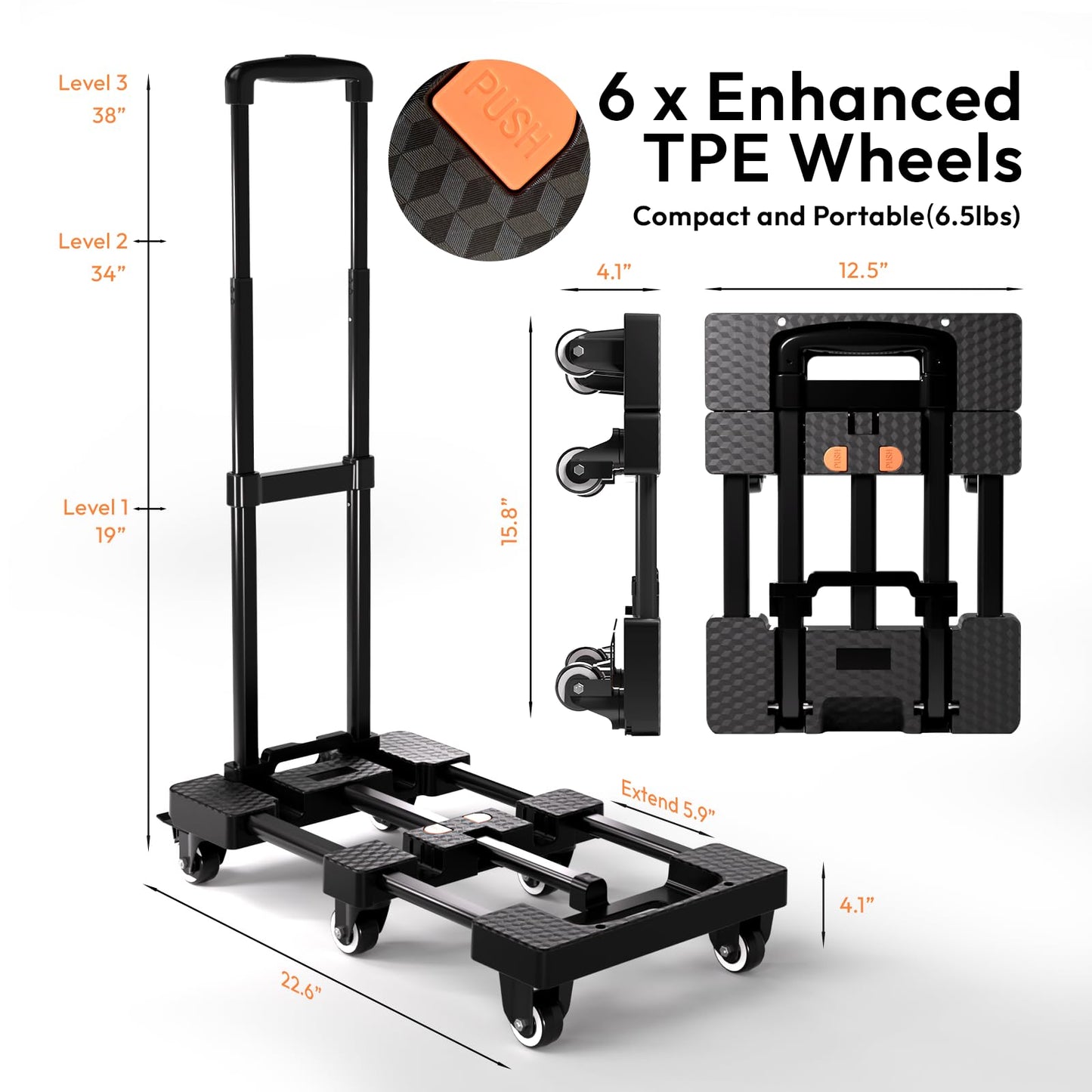 Voipvvii Folding Hand Truck 500lbs, Portable Heavy Duty Dolly Cart, 6 Wheels Collapsible Luggage
