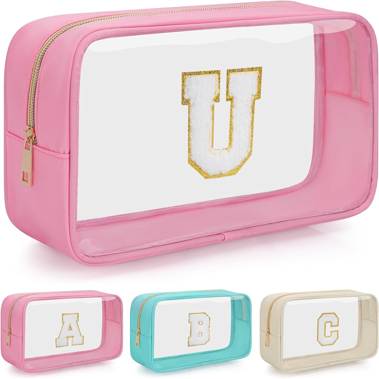 Personalized Initial Clear Makeup Bag, Travel Chenille Patch Cosmetic Bag, Preppy Toiletry Bag Monogram Cosmetic Pouch with Zipper, Ideal Gift for Teen Girls Women (Clear-Pink, U)