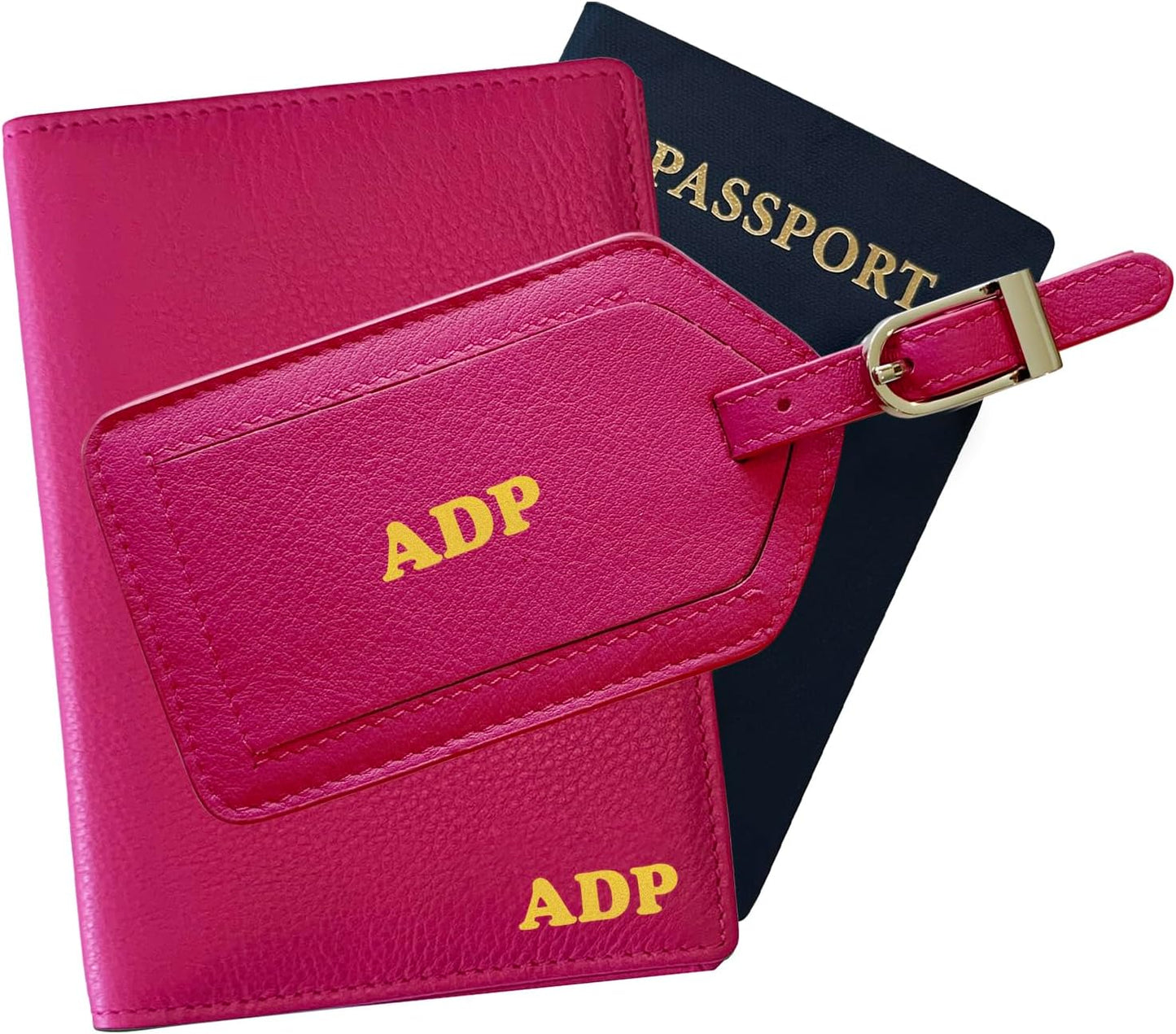 Personalized Monogrammed Bright Pink Leather RFID Passport Wallet and Luggage Tag