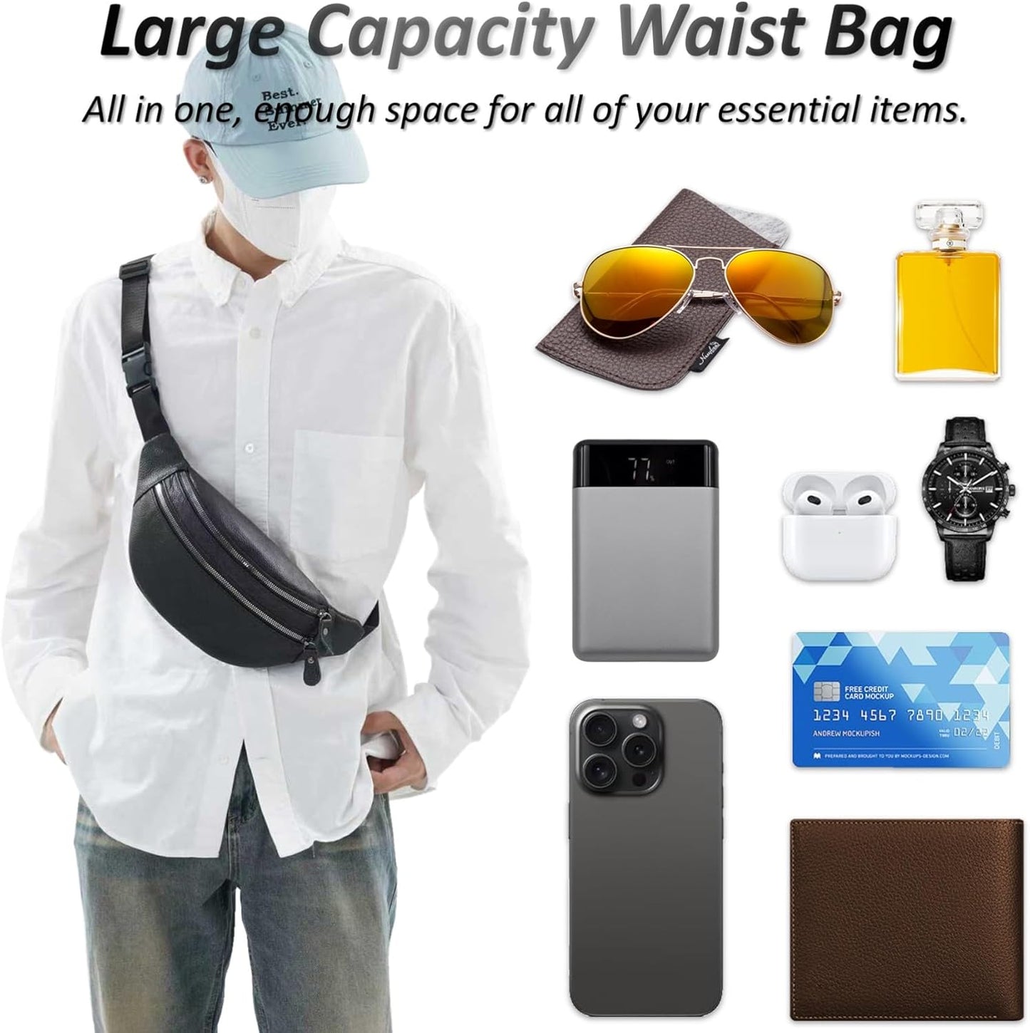 Genuine Leather Waist Bag, Outdoor Travel Waist Pack, Cowhide Leather Fanny Pack with Adjustable Strap, Suitable for Travelling, Outdoor Hiking, Cycling, Running - Black & Large