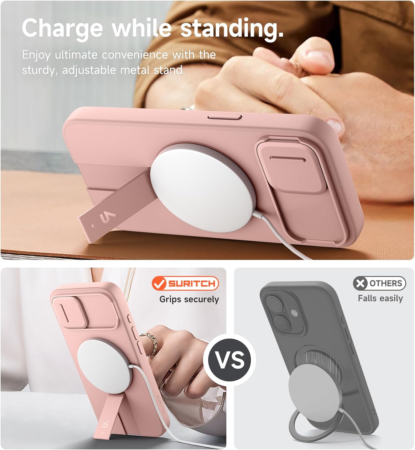 SURITCH for iPhone 16e Case with Magnetic Camera Slide Cover and Adjustable Kickstand, Compatible with MagSafe, Shockproof Bumper Case Slim Protective Cover 6.1 Inch,Pink