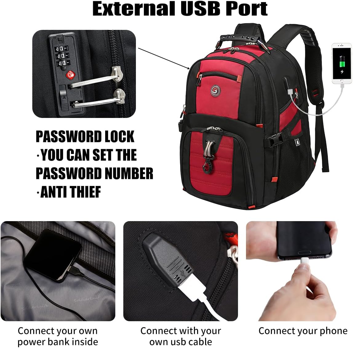SHRRADOO Extra Large 50L Travel Laptop Backpack with USB Charging Port, College High School