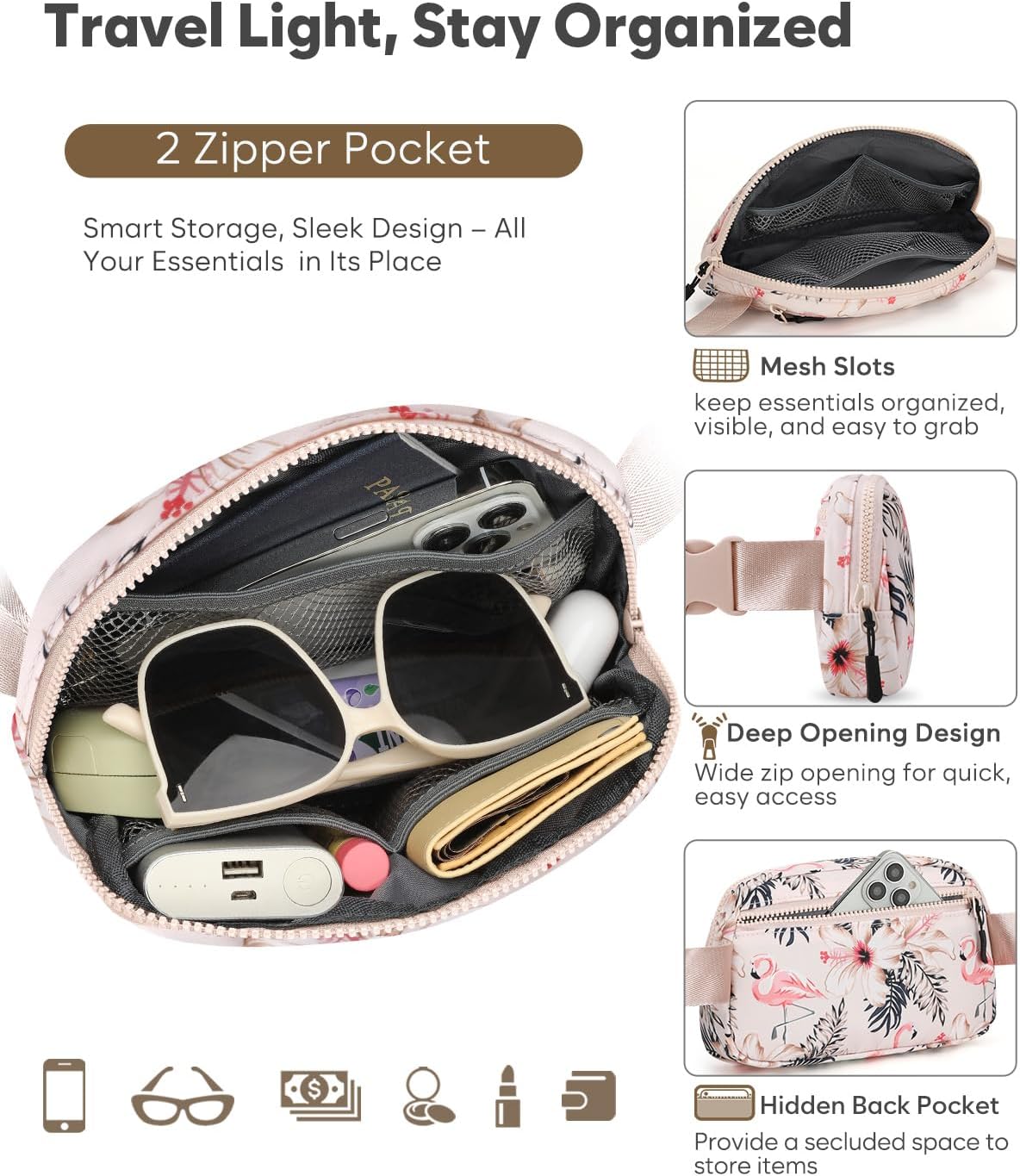 Fanny Packs for Women Cross Body Bag Waterproof Belt Bag with Adjustable Strap and Zipper Back Pocket Small Crossbody Bags Fashion Waist Packs for Workout Travelling(Flamingo Print)