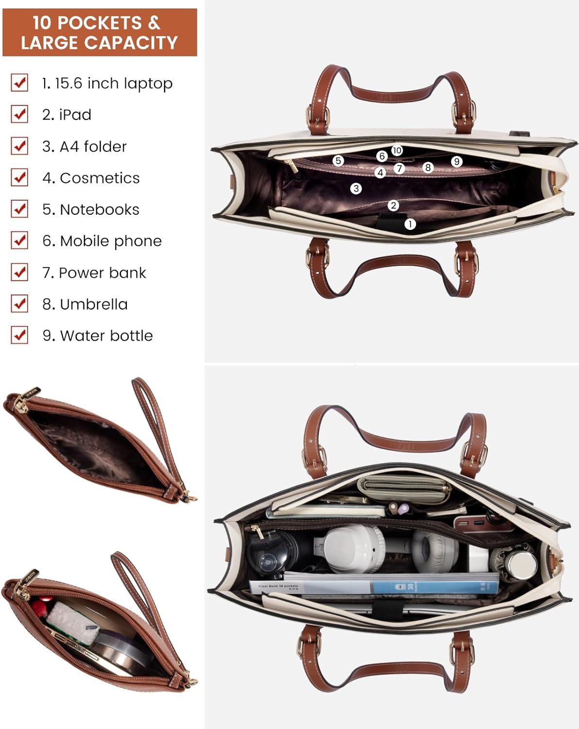 LOVEVOOK 15.6 Inch Laptop Bag for women, Large Waterproof PU Leather Work Briefcase with USB