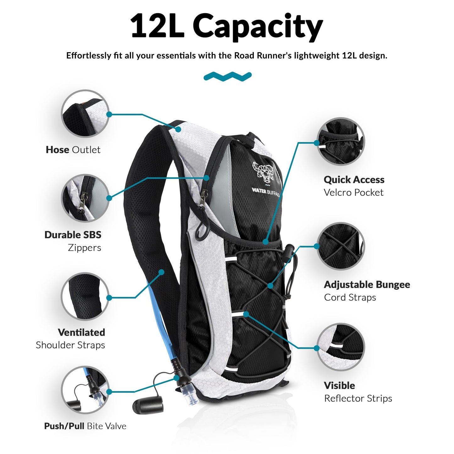 Water Buffalo Road Runner 12L Hydration Backpack, 2L Bladder, Black