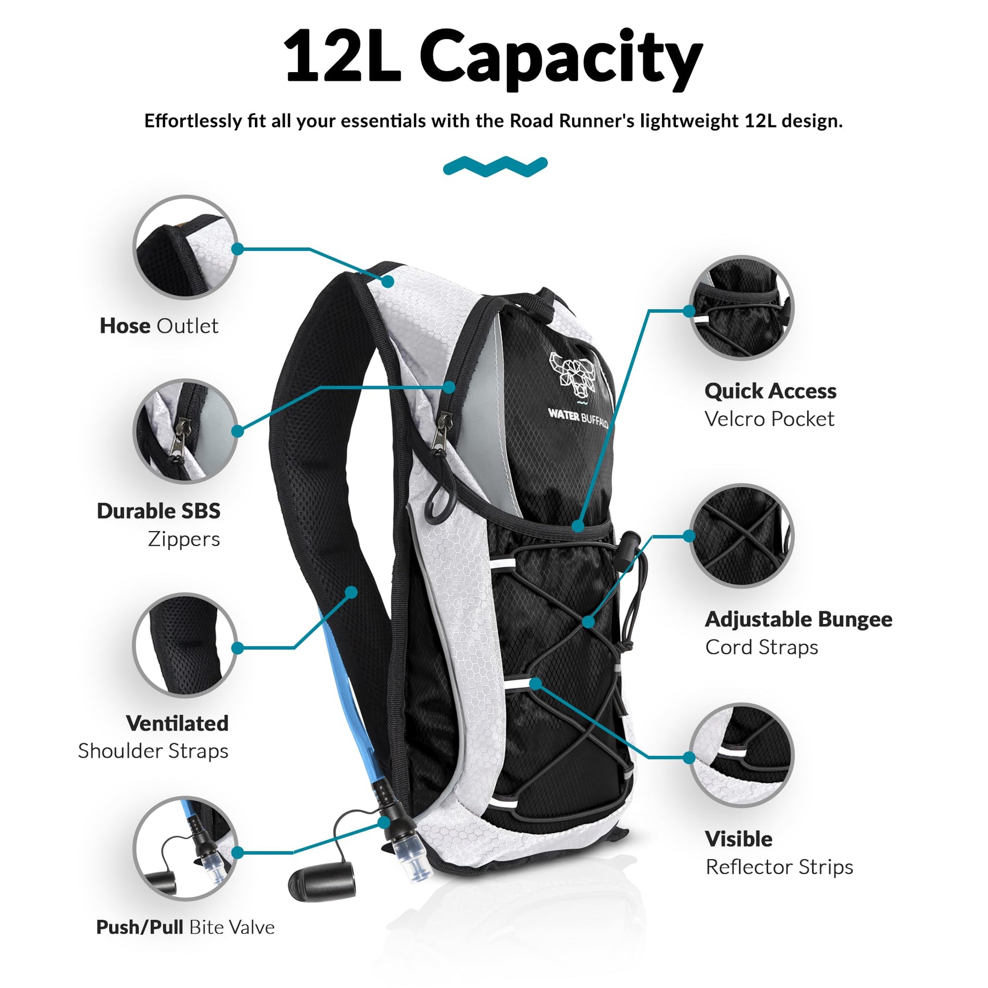 Water Buffalo Road Runner 12L Hydration Backpack, 2L Bladder, Black