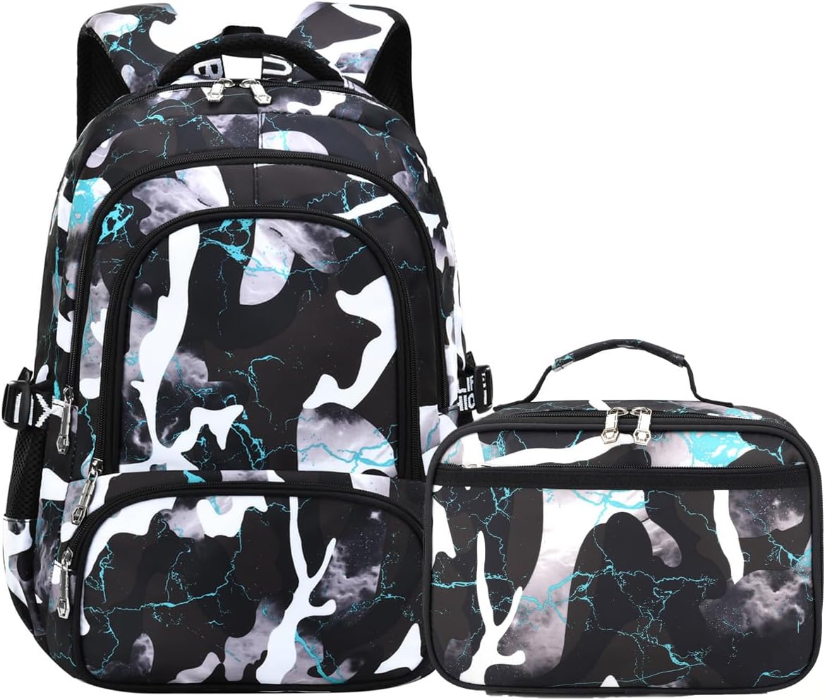 Camo Backpack for Kids, Lightweight Camo Backpack Elementary Middle School Backpack Water Repellent Bookbag (Camo Black Green 2 in 1)