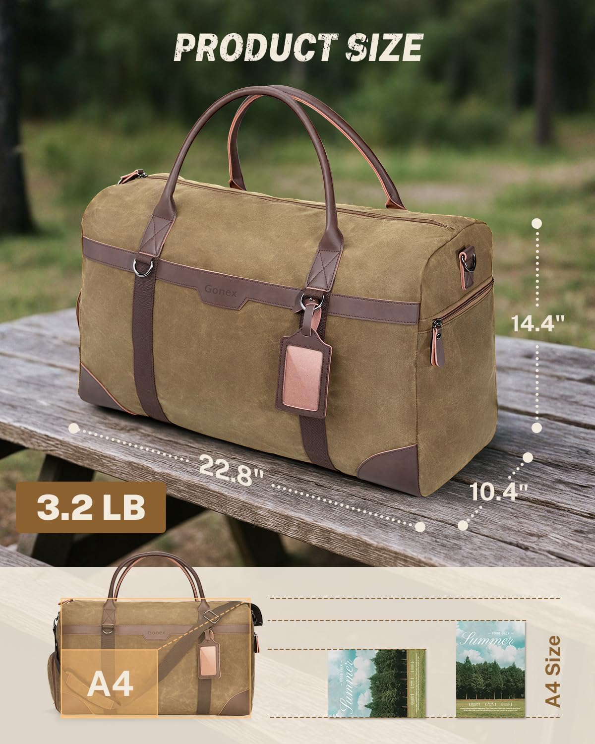 Gonex Waxed Canvas Duffle Bag for Travel, Water-resistant Vintage 55L Duffel Weekender with Shoes Compartment & Luggage Tag, Heavy-duty Overnight Bag with Suitcase Handle Sleeve for Men, Coffee