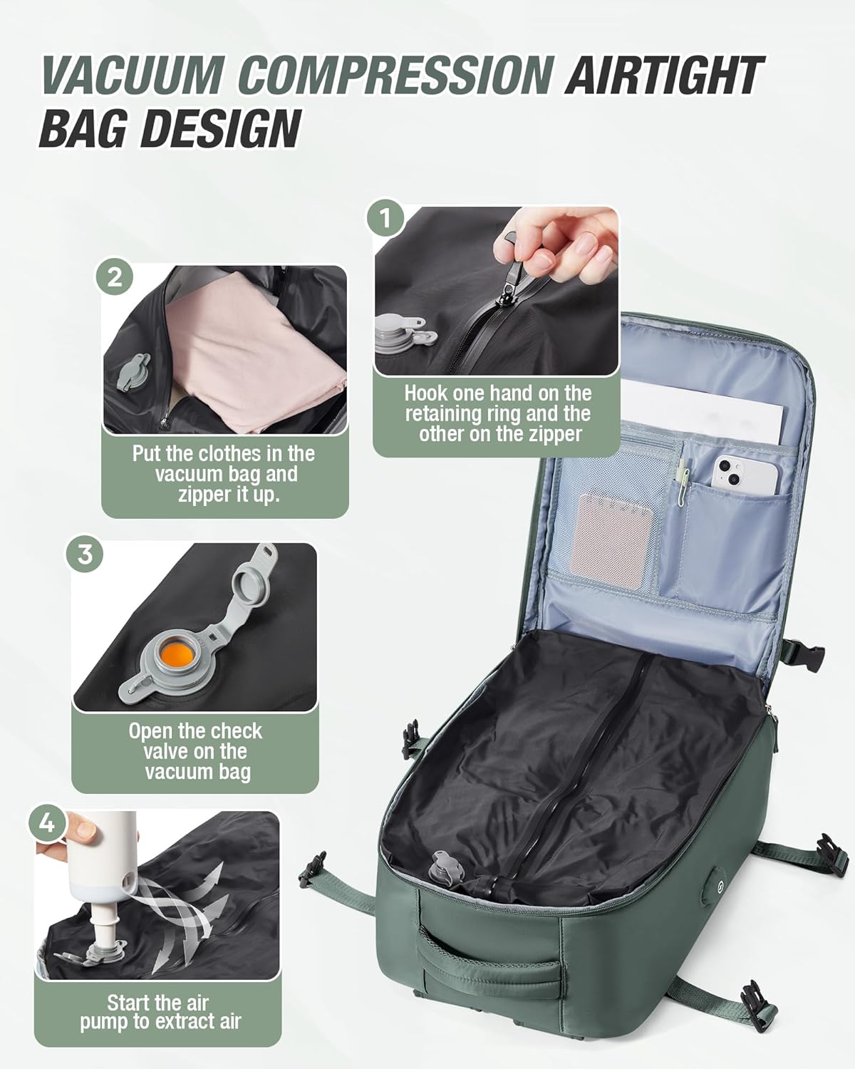 Vacuum Backpack Travel with Pump,Vacuum Seal Backpack Travel,Flight Approved 18x14x8, Work Business Vacpack Laptop Backpack for Women Men,Army Green