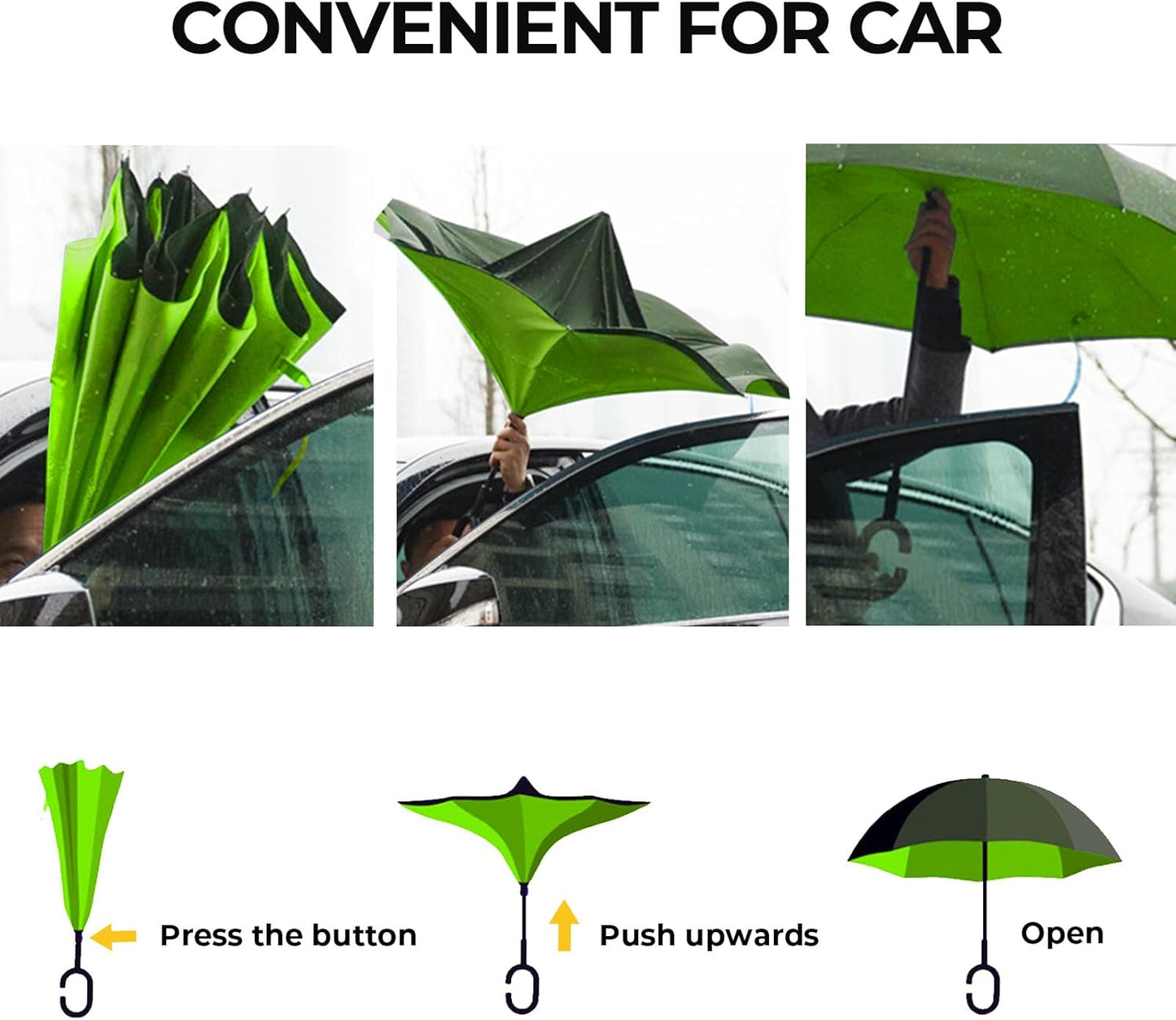 Inverted Umbrella, 49 Inch Double-Layer Vented Reverse Umbrella, Windproof Waterproof UV Protection, Lightweight C-Handle, Fiberglass Ribs, Steel Shaft, Travel/Commute/Car Use, With Sleeve