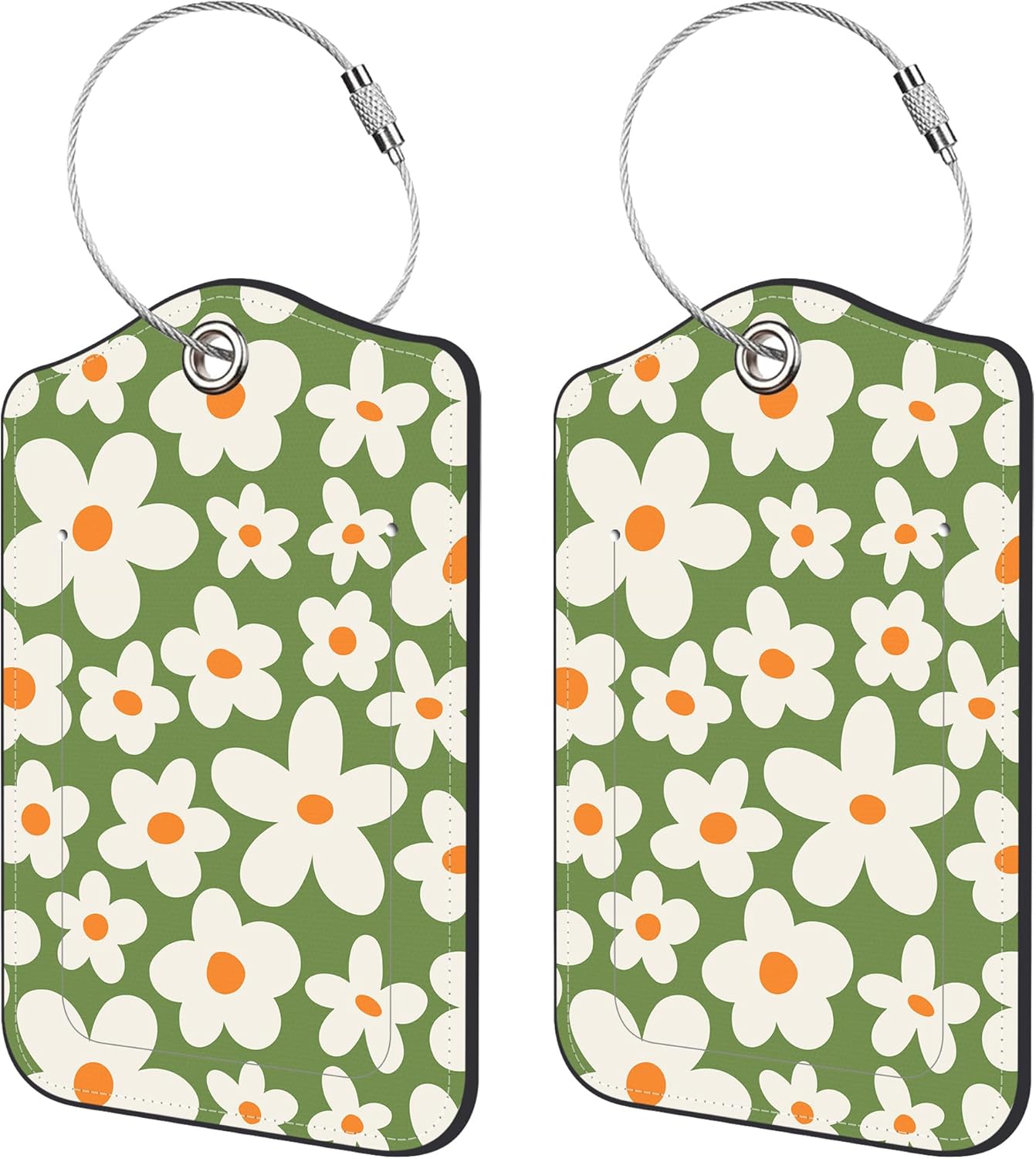 2 Pack Luggage Tags,Retro Groovy Flowers PU Leather Idea Baggage Tag with ID Labels Privacy Cover Metal Ring Men and Women Travel Bag Labels