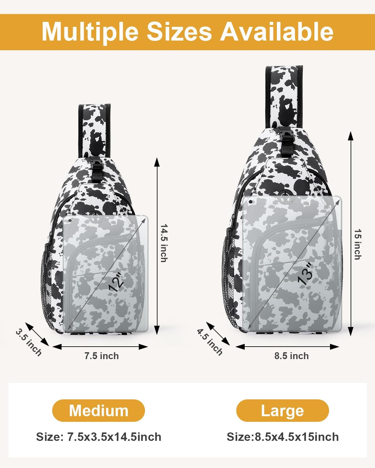 Medium Crossbody Bags for Women Man Waterproof Sling Bag Backpack with Convertible Shoulder Strap Chest Bag for Camping Hiking Travel Essentials (Cow Print)