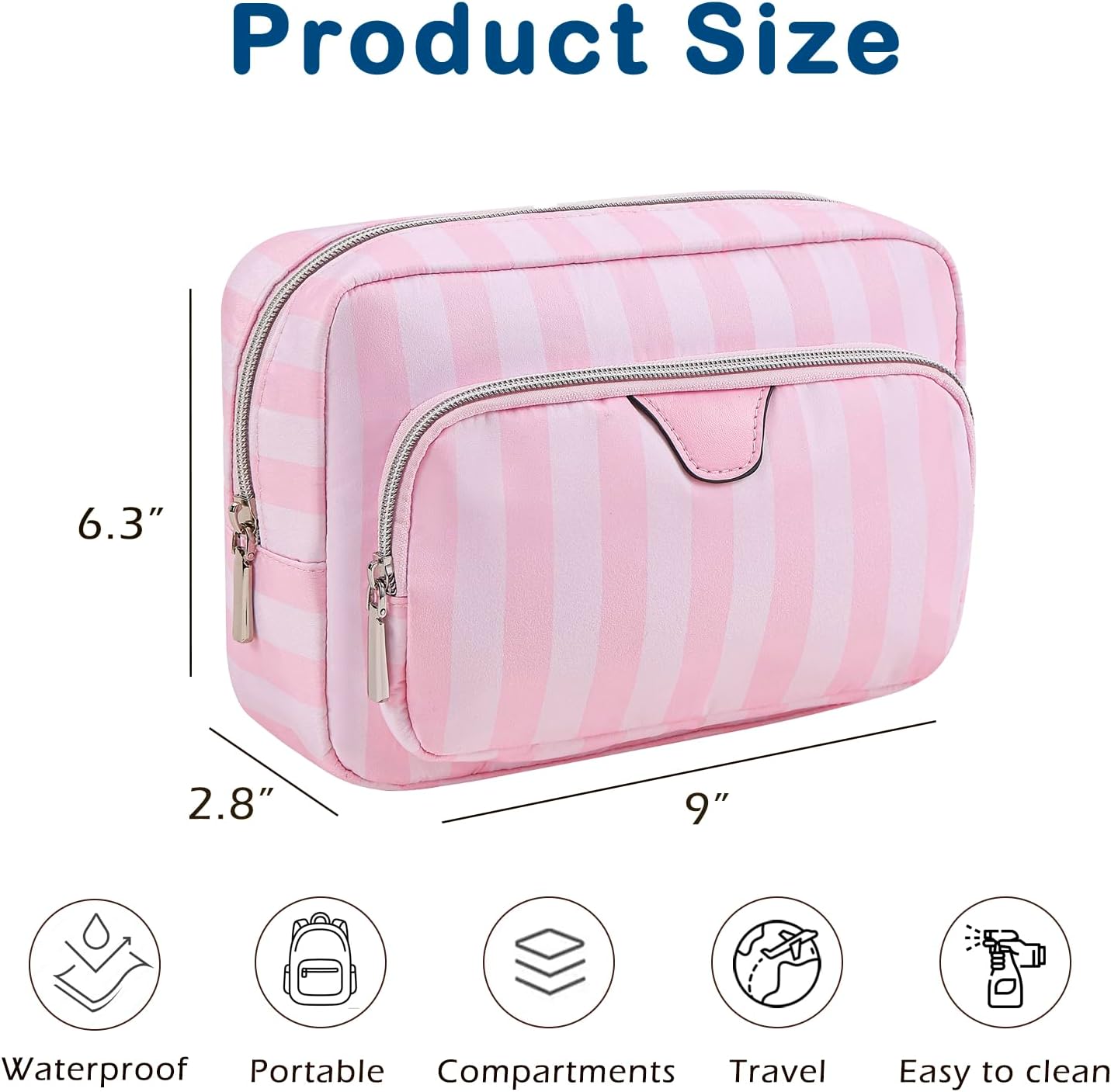 uekeboag Pink Stripe Nylon Travel Makeup Organizer Bag with Comartments,Large Capacity Cosmetic Bags,Toiletries Accessories Coquette Bag for Women Girls(02Compartments)